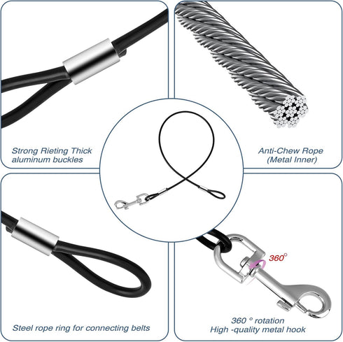 2 Pack Heavy Duty Chew Proof Dog Leash Extension Metal Cable Lead, Non-Tangle Connect Leash, Black Dog Leash Extender