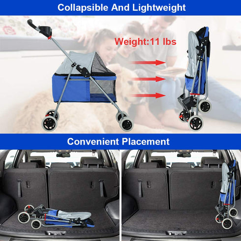 4 Pet Stroller Wheels Posh Folding Waterproof Portable Travel Cat Dog Stroller with Cup Holder,Blue