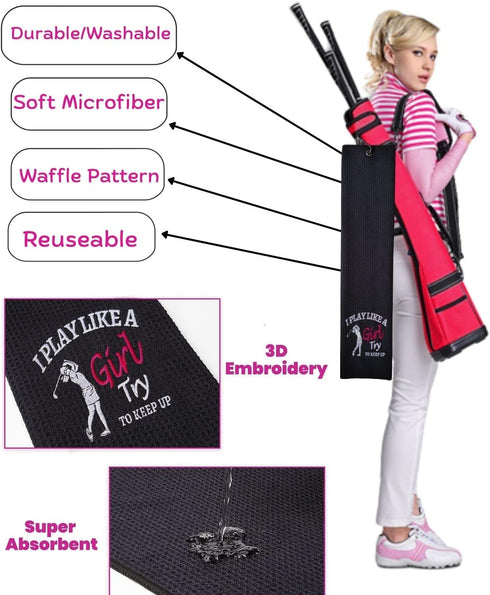 Funny Golf Towel, I Play Like A Girl Try to Keep Up - Embroidered Golf Gifts for Women with Clip