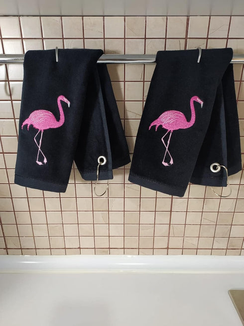 Pink Flamingo Golf Towel, 100% Turkish Cotton Absorbent Golf Bag Towel with Clip, 11X18 inch (black, 2)