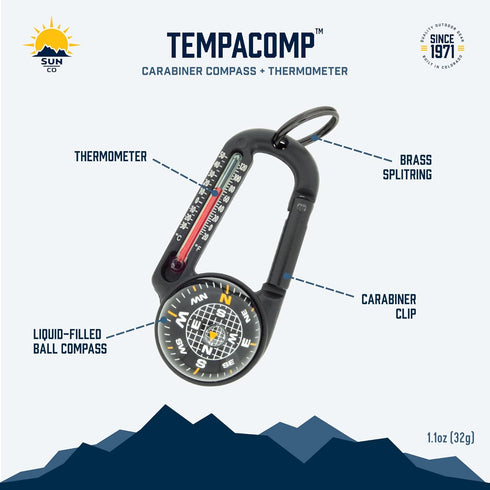 Sun Company TempaComp Ball Compass and Thermometer Carabiner, Hiking, Backpacking, Camping Accessory