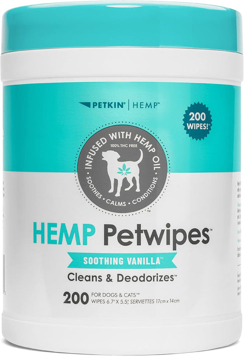 Petkin Hemp Pet Wipes for Dogs and Cats, 200 Count - Soothing Vanilla Scent, Conditions Face, Eyes, and Body