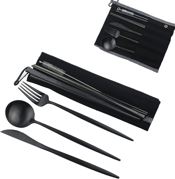Gugrida Luxury Black Matte Portable Stainless Steel Travel Flatware Set of 7, Eco-Friendly with Carrying Case