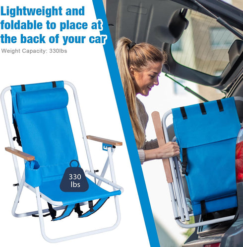 Headrest,Blue,2PCS Folding Lounge Chair,Portable High Beach Chair,Patio Lightweight Camping Chair, Outdoor Garden Park