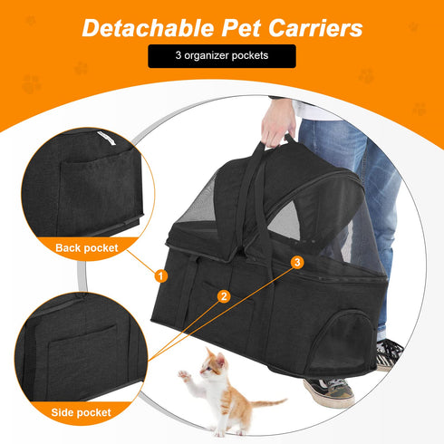 3-in-1 BestPet Pet Dog Stroller with Premium Multifunction & Detachable Carrier for Folding Lightweight Cat Travel