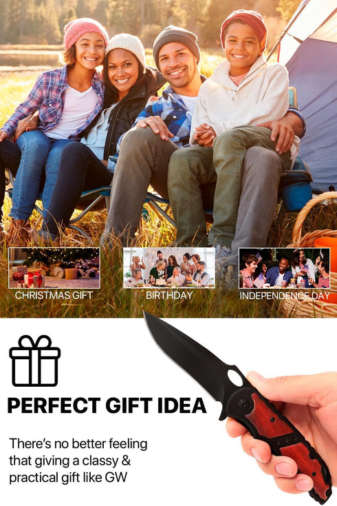 Pocket Knife - Tactical Spring Assisted Folding Knife, EDC Camping Gear for Men, Wood Handle, Sharp Blade - Father's