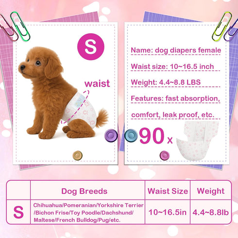 GEHUIZER 90 Count 10-16.5 Disposable Dog Diapers Female, Super Absorbent Pink Puppy Doggie Diapers for Small Female