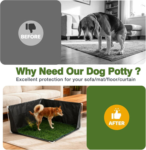 32" 32" 17" Hemmed x x Dog Litter Box with High Walls with Artificial Grass Edge, Portable Dog Potty Tray Large Puppy