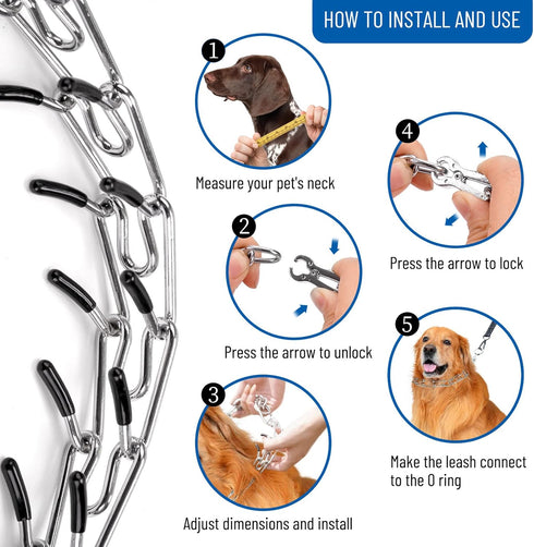Dog Prong Collar with Quick Release Clip, Adjustable Stainless Steel Links with Rubber Tips, Choke Collar