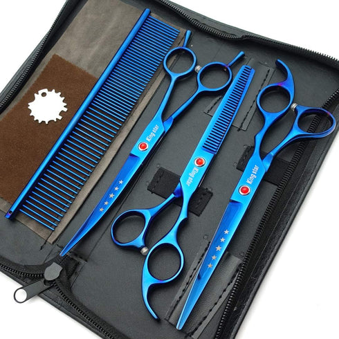 7.0in Titanium Professional Pet Grooming Scissors Set, 3pcs Straight & Thinning & Curved for Dog Grooming