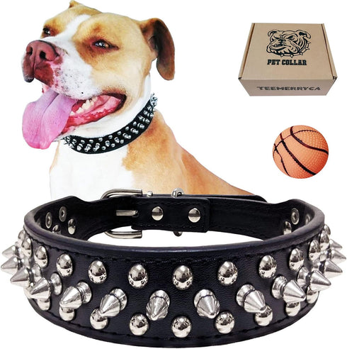 TEEMERRYCA Adjustable Microfiber Leather Dog Collars - Black Spiked Studded with Squeak Ball Gift for Small Medium