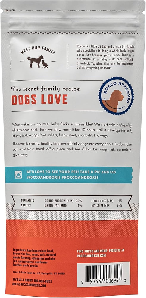 Rocco & Roxie Jerky Dog Treats, Slow Roasted Beef Sticks for All Breed Sizes - 170g Bag