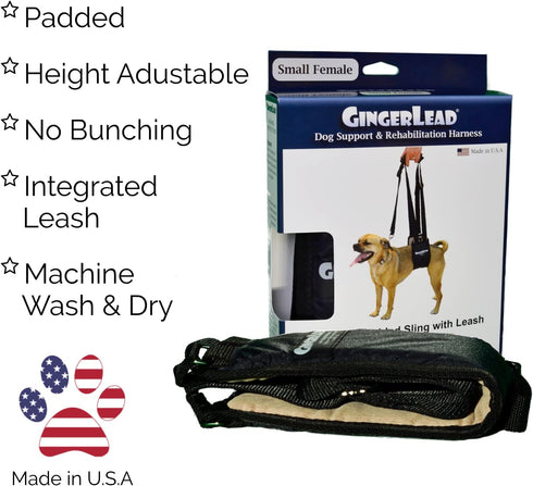 Dog Sling Support Harness, SM Female, Fits Small to Medium Pets, Padded Rear Lifting Aid with Leash