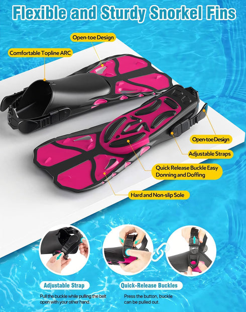 Snorkel Set with Fins for Adults, Snorkeling Gear Combo Set with Dry Top Snorkel Mask & Travel Bag