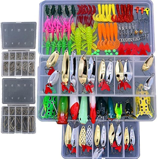 Smartonly1 226Pc Fishing Kit - Bionic Bass Trout Salmon Pike Lures with Tackle Box, Frog Minnow Popper Pencil Crank