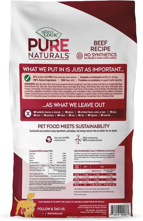 100% 12 lbs Natures Logic Pure Naturals Natural Beef Recipe Synthetic-Free Dry Dog Food