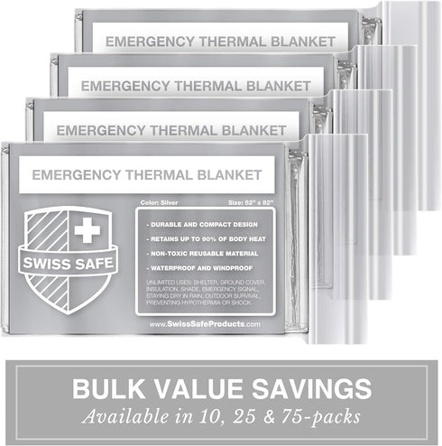 Swiss Safe Emergency Mylar Thermal Blankets + Bonus Space Blanket - Compact Insulated for Cold Weather, 25 Pack