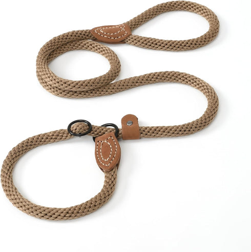 Mile High Life Heavy Duty Slip Leads for Dogs, 5 Feet No Pull Dog Training Leash with Leather Tip, Brown Rope Lead