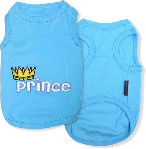 Parisian Pet Dog T-Shirt - Boy Dog Shirts, 100% Cotton, Embroidered 'Prince', Sleeveless Vest for Medium-Sized Dogs - M