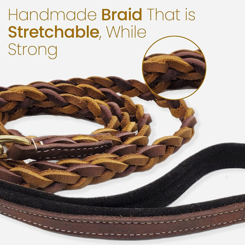 Blazing Paws Vibrania Super Soft Braided Leather Dog Leash, Heavy Duty with Side Ring, 6 Ft L x 3/4" W, Brown Mix