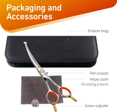 Fenice Peak 6'' Small Curved Scissors, Lightweight Dog and Cat Grooming Scissors with Safety Round Tip
