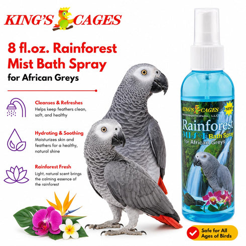 8 oz. King's Cages Rainforest Mist Spray African Grey Feather Conditioning Spray with Baby Powder Scent for Medium Bird
