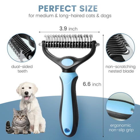 Cat Brush Dog Brush for Shedding - Dematting Tool for Long Haired Pets - Safe and Effective Comb, Large, Blue