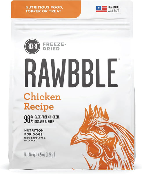 BIXBI Rawbble Freeze Dried Dog Food: Chicken Recipe, 4.5 oz - 98% Meat and Organs, No Fillers