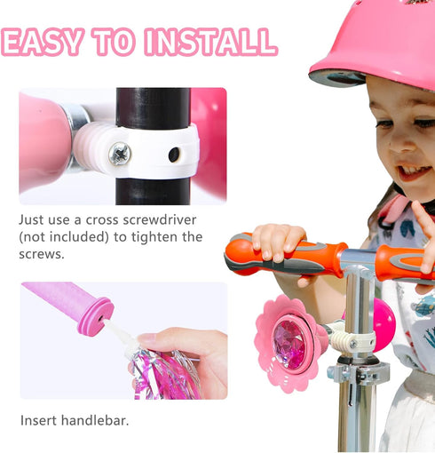 Kids Streamers and Bike Bell for Girls, 1 Pack Flower Bicycle Bell with 2 Pack Handlebar Streamers