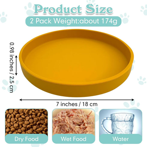 Silicone Cat Food Bowl Set of 2 Shallow Cat Food Dish 7in Wide Cat Plates Relief Whisker Fatigue Pet Feeding Bowls for Kittens Puppy Dog Non Slip (Round Yellow)