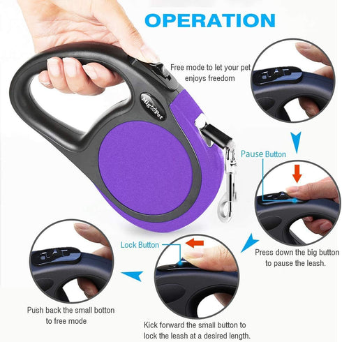 Heavy Duty Retractable Dog Leash, 16ft for S to L Dogs up to 45/115 lbs, Upgraded Lock System, Purple