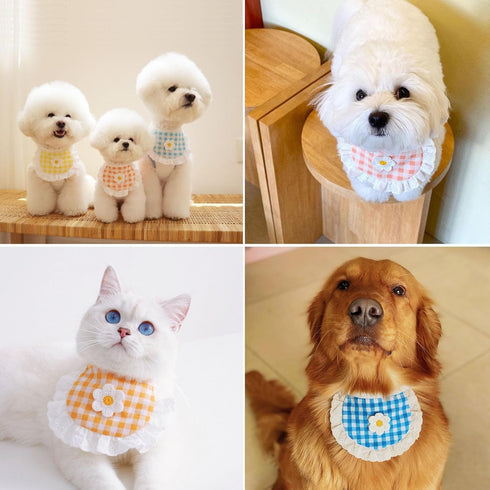 ANNUOZE 5PCS Cute Lace Pet Bib, Sweet Plaid Flower Cat Bandana, Kitty Scarves, Cotton Saliva Towel for Small Medium Dog