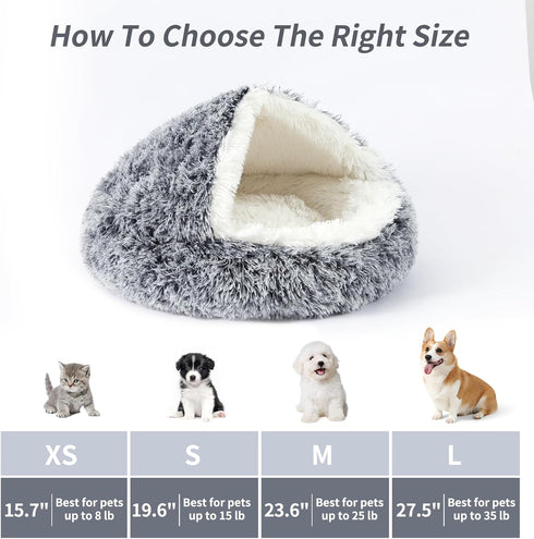 Round Hooded Dog Bed - Plush Cat Cave Self Warming Fluffy Pet Bed for Puppy and Kitty, Anti-Anxiety Donut Design