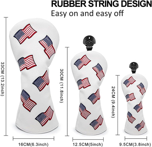 US Flag Patriotism Golf Club Head Covers, White for Driver and Fairway Woods, Synthetic Leather Set