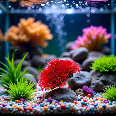 Juroicessry Red Artificial Flowers, Fake Flowers, Artificial Pine with Base Grass Fish Tank Ornament Aquatic Plant