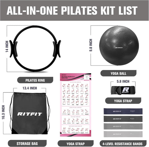 14 Inch RitFit Pilates Kit - Pilates Ring Magic Circle with Pilates Ball, Resistance Bands & Yoga Strap, Pilates