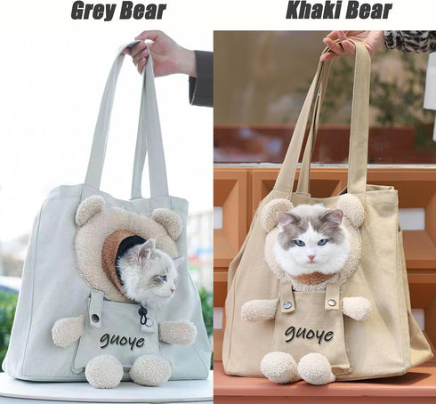 Bear-Shaped Show Head Pet Canvas Shaped Shoulder Bag,Pet Out Bag, Outcrop, Pet Out Shoulder Bag. (Khaki Bear-Large)