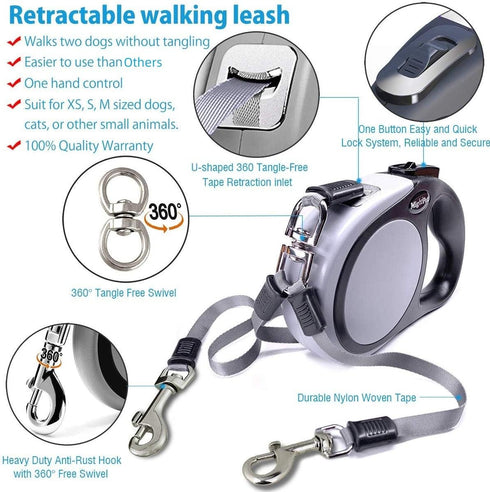 Double Retractable Dog Leash for Two Dogs Up to 50 lbs Per Dog - 16 ft Coupler Dog Leashes for Small Medium Dogs - One