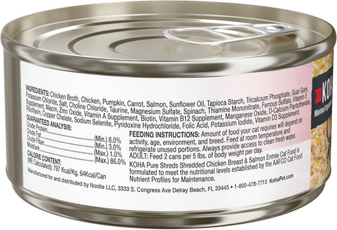 KOHA Pure Shreds Chicken and Salmon Entrée for Cats, High Protein Wet Cat Food, 2.8oz Cans (Pack of 24)