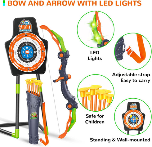 GMAOPHY Bow and Arrow 2 Pack for Kids 5-11+ Year Olds, LED Light Up Archery Toy with 20 Arrows, Target & Quiver