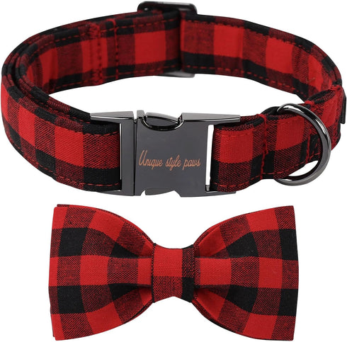 Unique Style Paws Cotton Dog Collar with Bow, Black Red Plaid for Small Medium Large Dogs