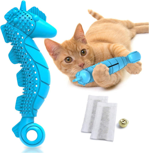 Ronton Cat Toothbrush Catnip Toy, Durable Hard Rubber Dental Care, Interactive Chew Toy (1 Pack - Seahorse)