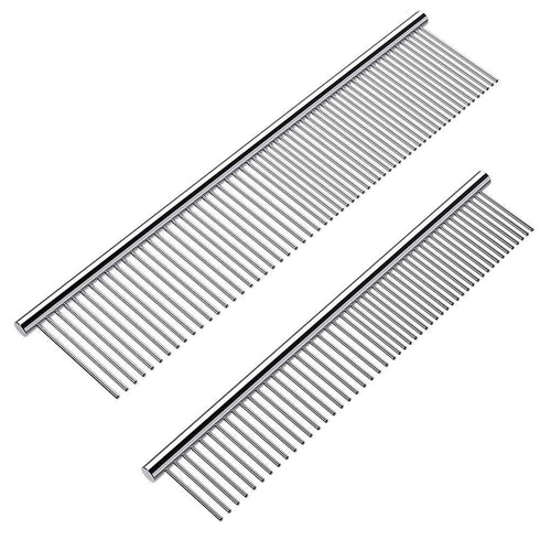 2 Pack Dog Combs with Rounded Ends, Stainless Steel Teeth for Grooming Long and Short Haired Pets