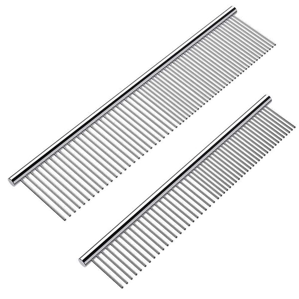 2 Pack Dog Combs with Rounded Ends, Stainless Steel Teeth for Grooming Long and Short Haired Pets