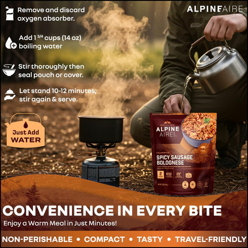 ALPINEAIRE 5.53 Oz 2 630 28g Backpacking 5 Pack 1 Foods Spicy Sausage Bolognese Premium Ready-to-Eat Freeze-Dried Meal