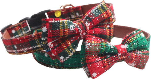 KUDES 2 Pack Christmas Snowflake Dog Collars, Breakaway with Bow Tie and Bells for Pets, Red & Green