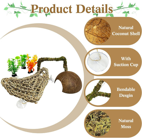 6 PCS Hermit Crab Climbing Toys Large Bendable Moss Hermit Crab Climbing Toys Coconut Hideout Hut Plants with Suction