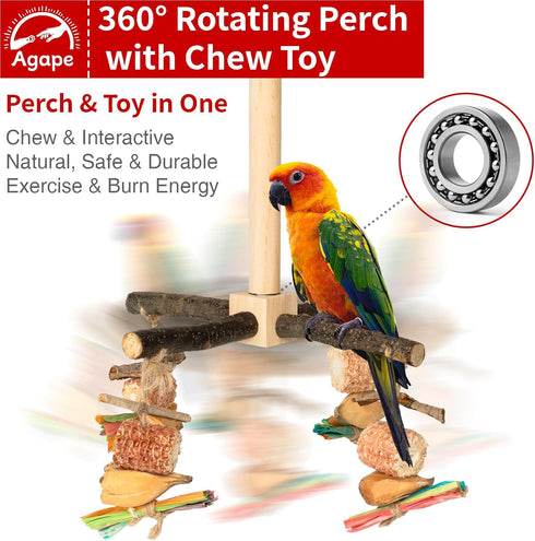 Finches Agape Rotating Parrot Perch Toy with Chew Toy, Natural Wooden Perch Stand for Small & Medium Birds, Bird Cage