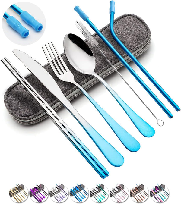 Travel Utensils Set, Reusable Portable Cutlery Set, Stainless Steel 8pcs, Dinner Knife, Fork, Spoon, Chopsticks,