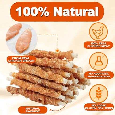 24OZ 4 1.5lb Amzey Chicken Wrapped Rawhides Dogs Treats, Rawhide Twist Chicken Hide Sticks, Puppy Training Snacks